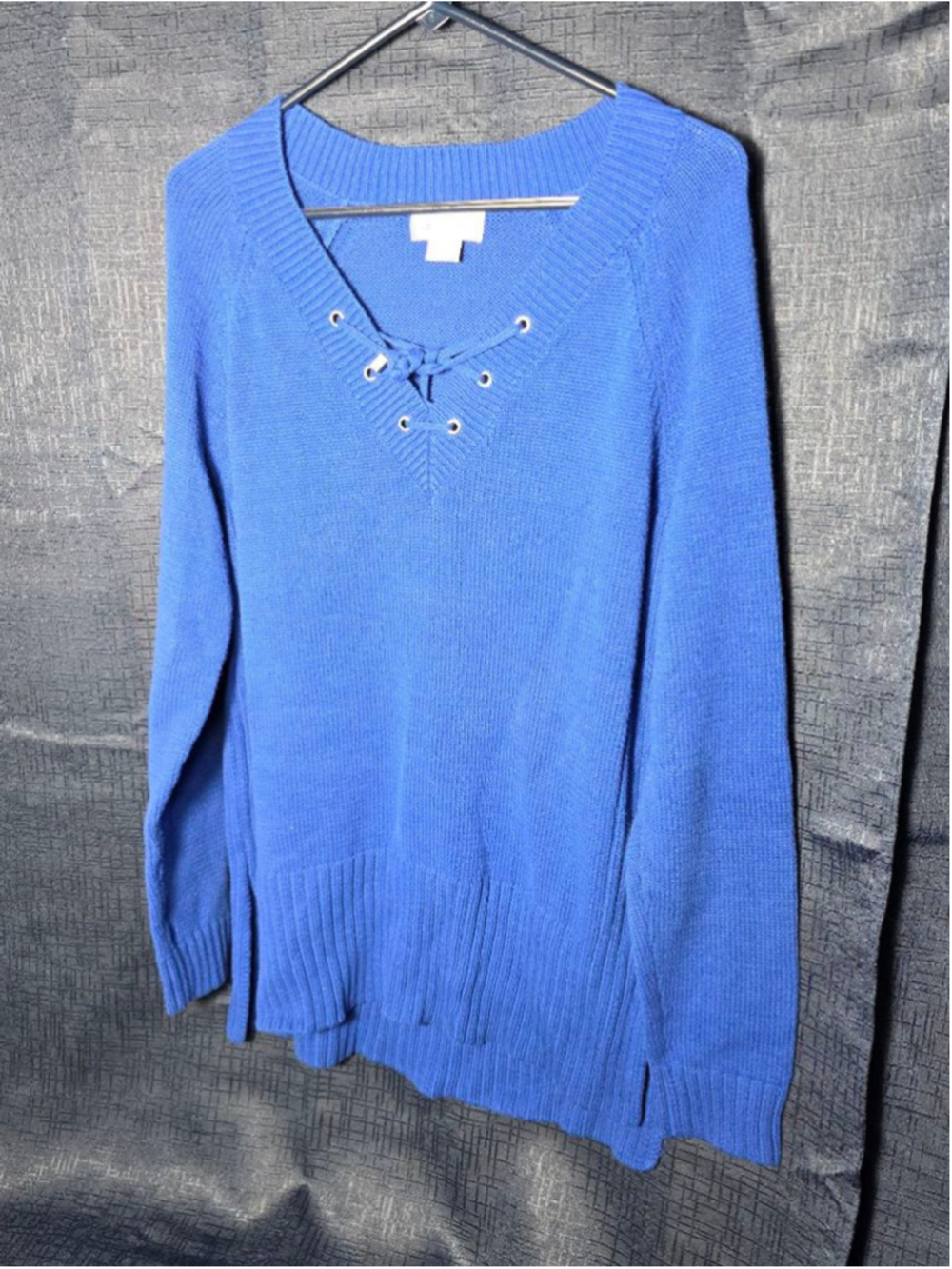 Women's Liz Claiborne Blue Lace-Up V-Neck Sweater Large soft chic classic fall
